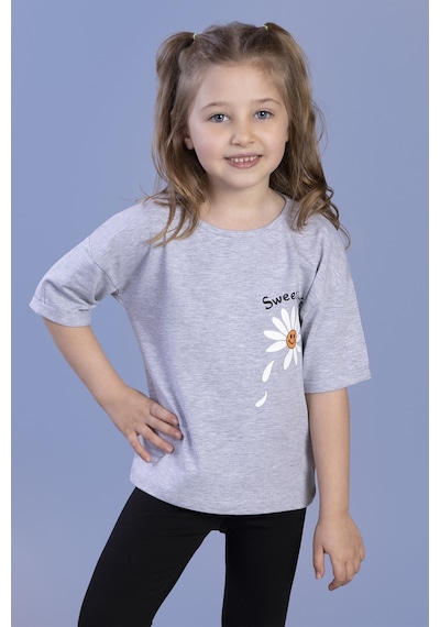 Toontoy Kids Toontoy Kız Çocuk Papatya Desenli Sweet Girls Baskılı Tişört Gri Melanj