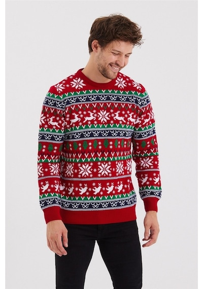 Erkek Kırmızı-yeşil-beyaz Christmas Yılbaşı Kazağı-noelkzkr200s Kırmızı-yeşil-beyaz
