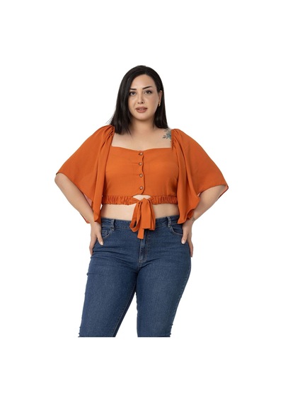 Disentis Büyük Beden Geniş Kollu Beli Lastik Ve Büzgülü Crop Kiremit Bluz-kiremit Kiremit