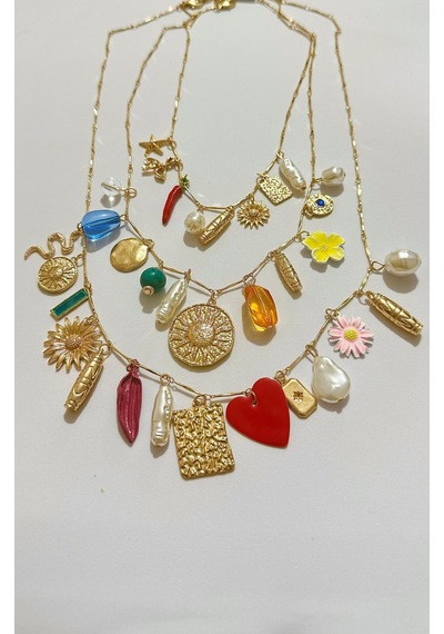Üçlü Renkli Charm Detaylı Zincir Kolye Seti - 3 Ayrı Kolye Birlikte Çok Renkli