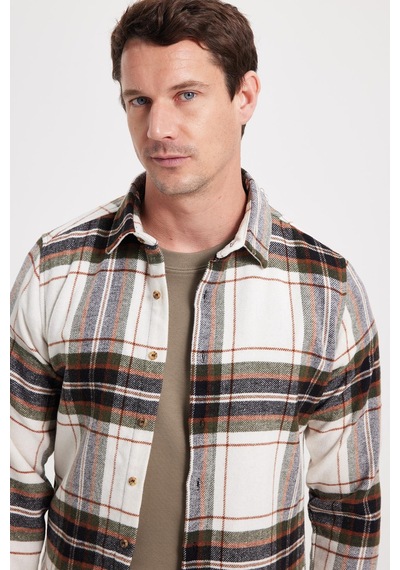 Tudors Erkek Slim Fit Dar Kesim Kareli Kışlık Oduncu Gömlek-42382 Ekru
