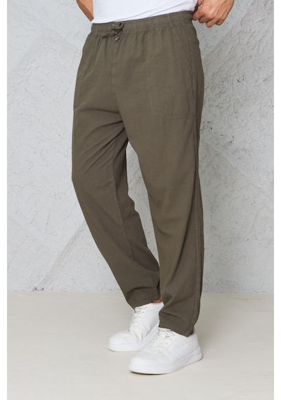 Blayn Jeans Erkek Haki Jogger Pantolon Beli Lastikli Bağcıklı %100 Pamuk Keten Baggy Rahat Günlük Pantolon