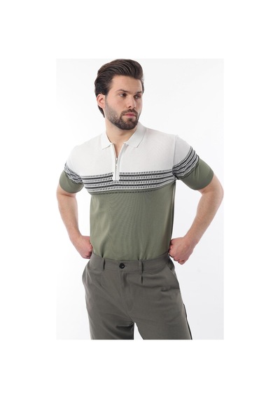 Madmext Beyaz Fermuarlı Polo Yaka Desenli Erkek T-shirt E7296 Beyaz