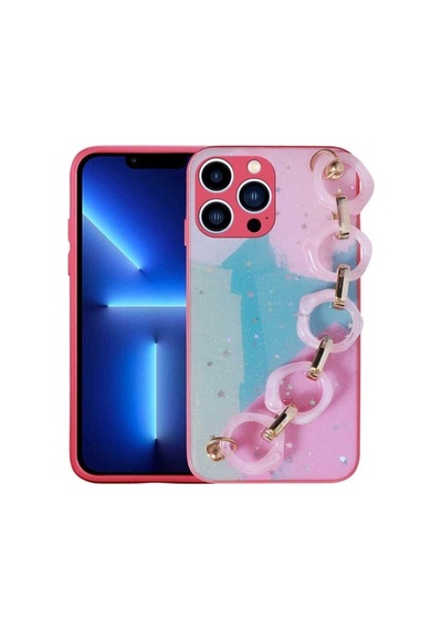 Apple Uyumlu iPhone 13 Pro Max Kılıf Simli Desenli El Askılı Tutacaklı Zore Elsa Silikon Kapak Pembe Koyu