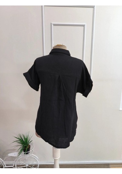 Defymoda Kadın Kısa Kollu Yakalı Önü Düğmeli Müslim Gömlek Siyah