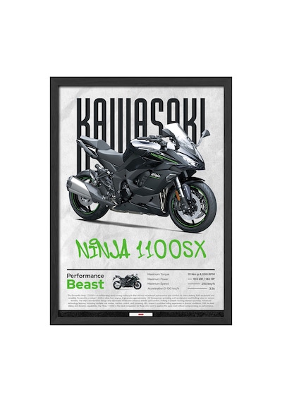 Kawasaki Ninja 1100 Sx Siyah Ahşap Çerçeveli Poster, Dekoratif Motosiklet Duvar Tablosu