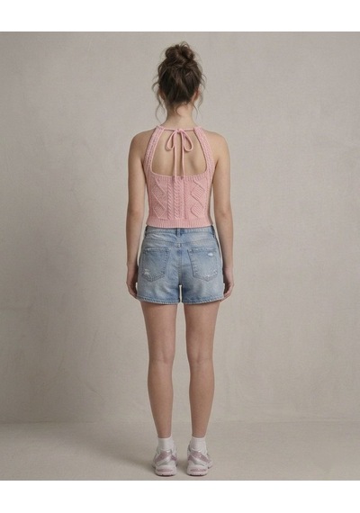 Neden Tekstil Kadın Triko Örme Halter Yaka Crop Bluz - Pembe