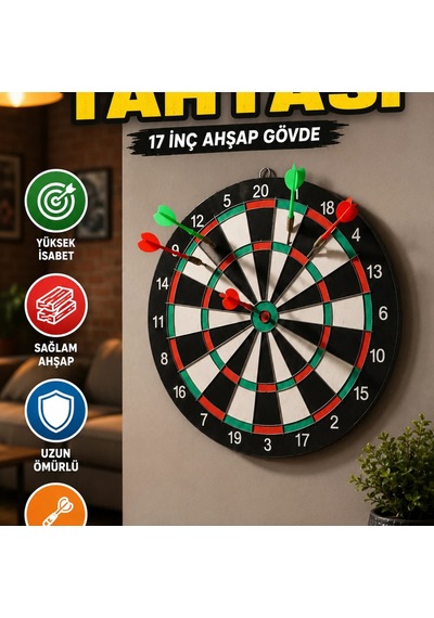 17 İnç Ahşap Dart Tahtası Seti Duvara Monte 4 Metal Uçlu Dart Oklu