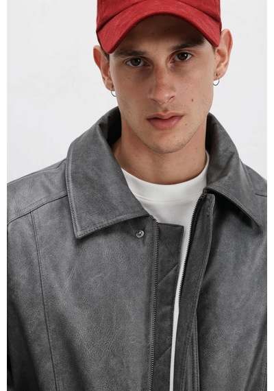 Vamos Oversize Deri Bomber Ceket Gri