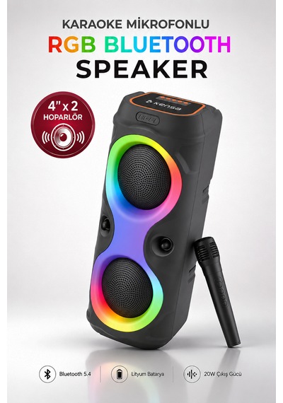 Taşınabilir Mikrofonlu 20w Led Işıklı Bluetooth Karaoke Hoparlör Seti