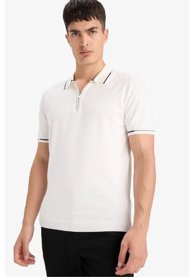 Defacto Standart Fit Fermuarlı Kısa Kollu Triko Polo Tişört D6199AX25AU Beyaz