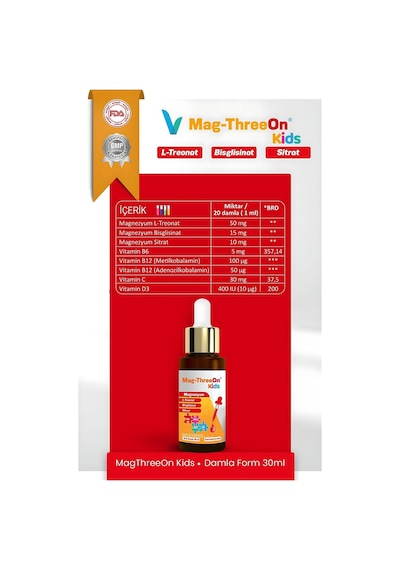Mag-threeon Kids, Magnezyum Damla, L-treonat, Bisglisinat, Sitrat, Vitamin B6, B12, C, D3, 30 Ml