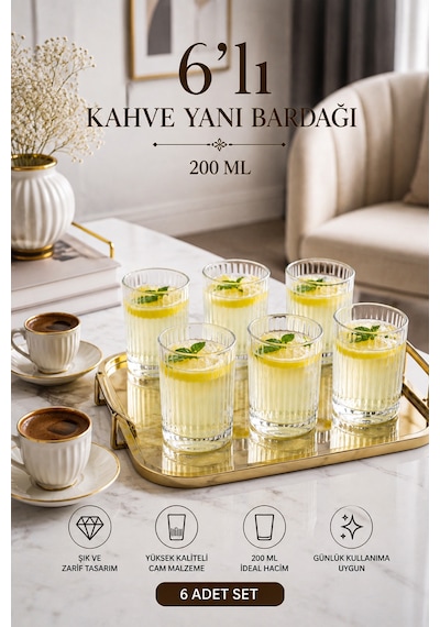 Porsima Berrak 13938 6'lı Çizgili Cam Kahve Yanı Su Bardak Seti 200 Ml Meşrubat & İkram Bardağı Şeffaf