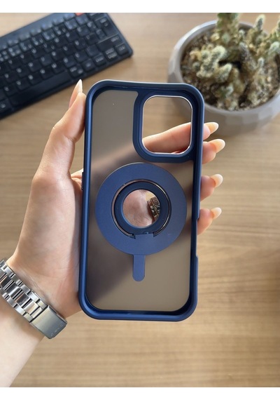 Apple Uyumlu iPhone 16 Standlı Ve Yüzüklü Magsafe Kılıf Soocase721 Lacivert