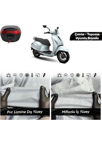 Bajaj Chetak Motosiklet Brandası Su Geçirmez Miflonlu Topcase Çanta Uyumlu