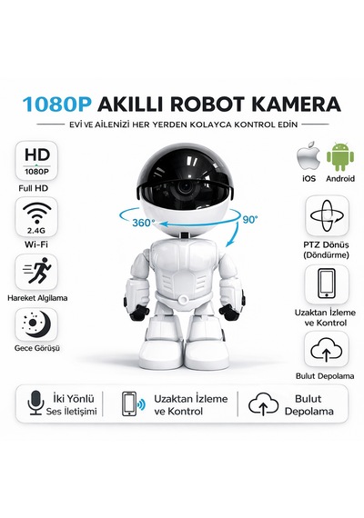1080p Akıllı Robot Kamera Wifi Güvenlik Kamerası 360 Dönebilen Gece Görüşlü Sesli İzleme