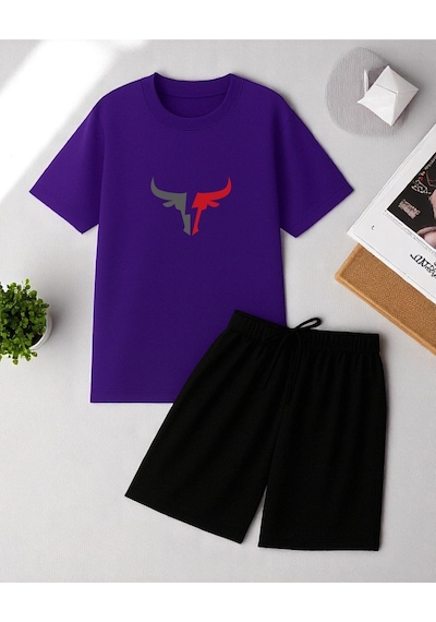 Uyguntarz Unisex Boğa Baskılı Tasarım Şort Takım Mor