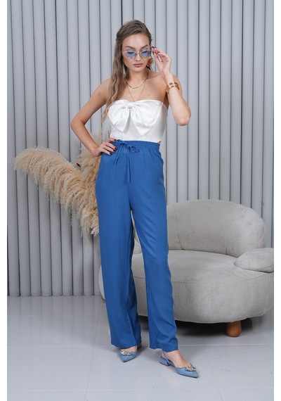 Polologin Butik Beli Bağcıklı Yüksek Bel Bol Paça Mavi Pantolon Kapalı Mavi