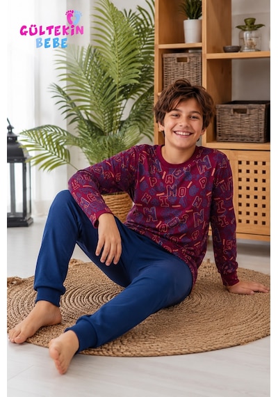 Tarık İnterlok Kumaş Harf Baskılı Erkek Pijama Takımı 11-16 Yaş -ta4418470 - Bordo