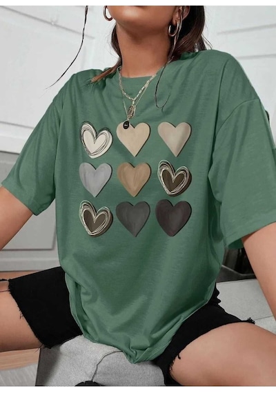 Kozia Outdoors Malkoçbey Kalp Baskılı Oversize Unisex Basic T-şhirt Yeşil Yeşil
