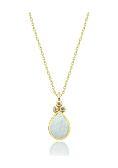 925 Ayar Gümüş Gold Kaplama Beyaz Opal Taşlı Damla Kolye