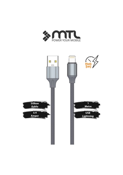 3.4a Usb To Apple Uyumlu iPhone Lightning Silikon Hızlı Şarj Ve Data Aktarım Kablosu 1 Metre Gri Mt2432