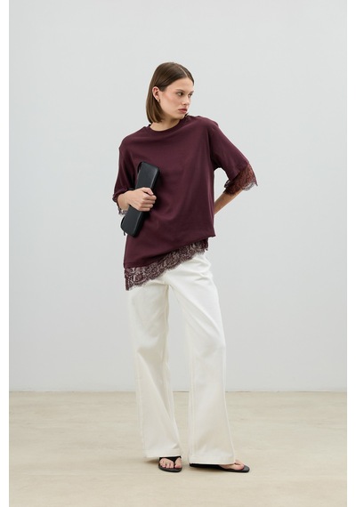 Antioch Dantel Detaylı Kadın T-shirt Bordo
