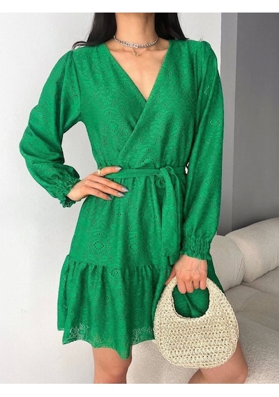 Defymoda Kadın Fırsat Ürünü Kruvaze Yaka Güpürlü Mini Elbise Yeşil