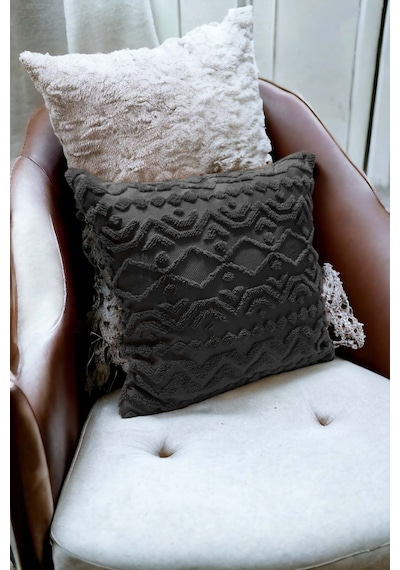 Bohem 4'lü Dekoratif Yastık Kılıfı Kırlent Kılıfı 43x43 Cm Antrasit Geometrik Gri
