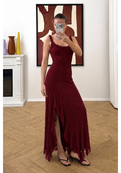 Antioch Dantelli Midi Elbise Bordo