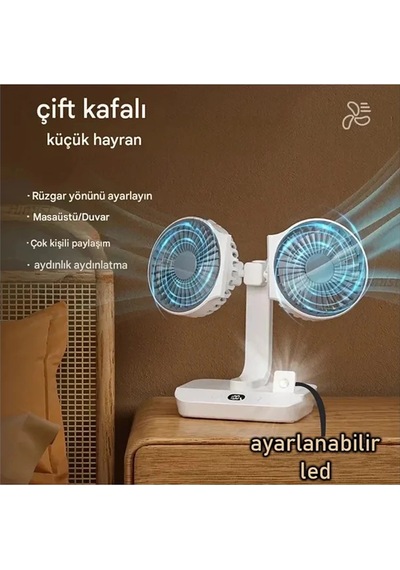 Buğz Masaüstü Dijital Ekranlı Çift Fanlı Led Işıklı Soğutucu Fan Ev Ofis Şarjlı Vantilatör