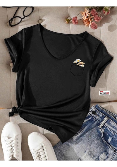 Startmore V Yaka Basic Çiçek Baskılı Pamuklu Tshirt Normal Siyah