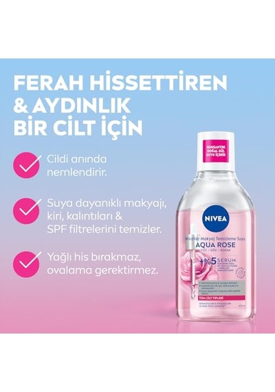 Aqua Rose Gül Suyu Ve Serum İçeren Çift Fazlı Micellar Makyaj Temizleme Suyu 400ml,yüz Göz Dudak, Spf Filtrelerin