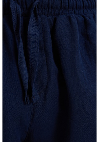 Tudors Erkek Baggy Fit Geniş Kesim %100 Pamuk Beli Lastikli Yandan Cepli Müslin Lacivert Düz Pantolon-46261