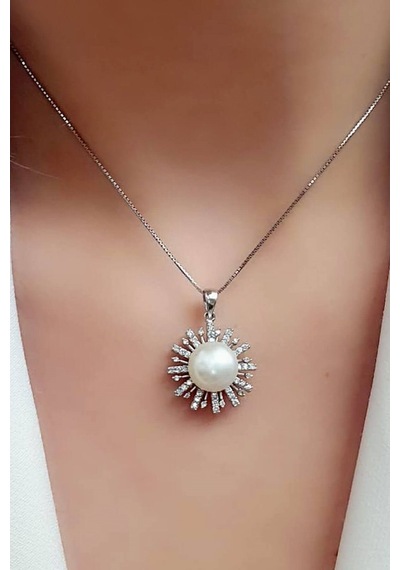Pırlanta Işıltısında Zirkon 925 Ayar Gümüş Tasarım Inci Kolye