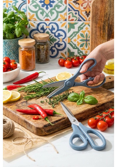 Makri Home Tırtıklı Ağız 2'li Çok Amaçlı Makas Seti Büyük Boy Mavi, 22 Cm