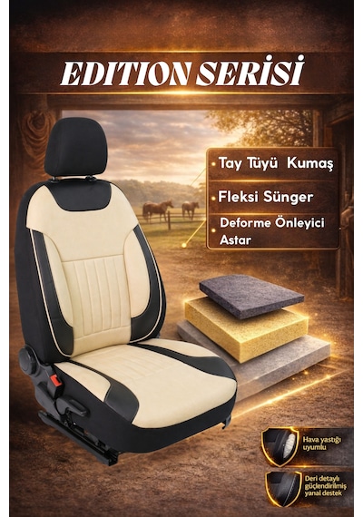 Edition Serisi Tay Tüyü Kumaş Universal Oto Koltuk Kılıfı Tam Set Bej