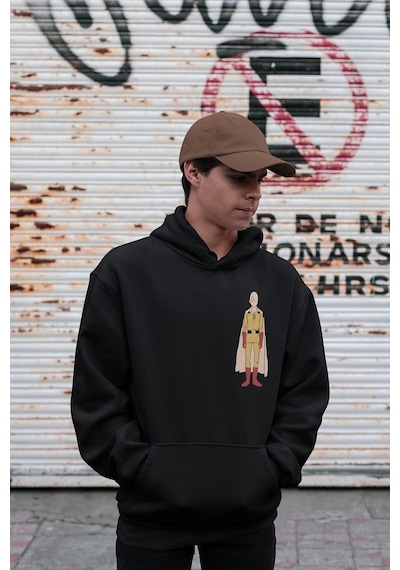 Sevbano Saitama One Punch Man Baskılı Unisex Oversize Anime Hoodie Siyah