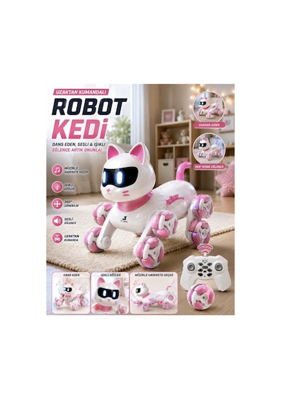 Uzaktan Kumandalı Led Işıklı Ses Efektli 360 Hareket Eden Oyuncak Akıllı Robot Kedi 23 Cm