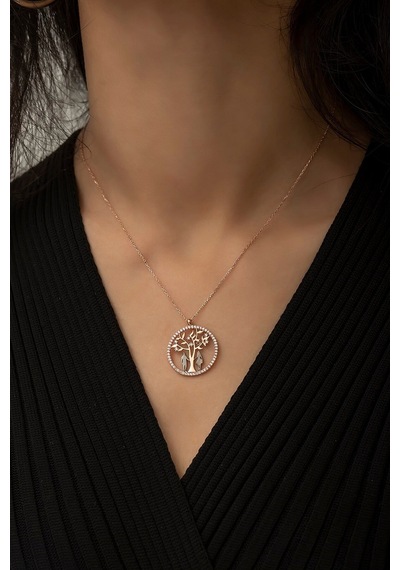 Hayat Ağacı Sevgili Aşk Kolye Rose Gold Kaplama 925 Ayar Gümüş