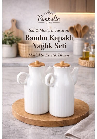 2 Adet Bambu Kapaklı Porselen 1000ml Yağdanlık-yağlık Beyaz Beyaz