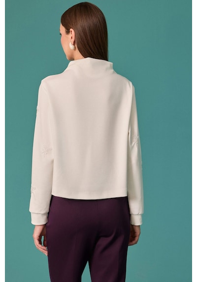 Seçil Kadın İnci Çiçek Detaylı Dik Yaka Sweatshirt Ekru