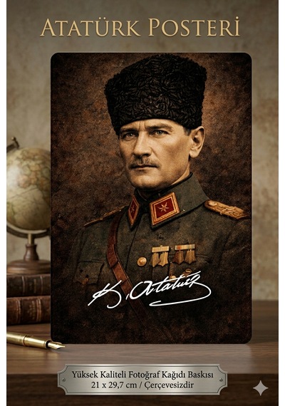 Atatürk Vintage Poster A4 21x29,7 Cm Çerçevesizdir İmzalı Dekoratif Ofis Ev Duvar Süsü