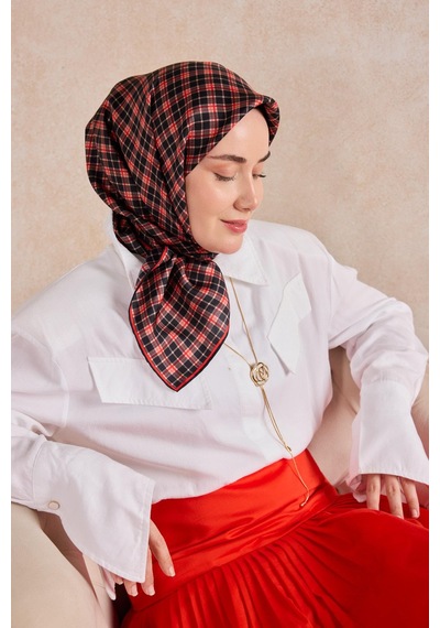 Silk Home Twill İpek Eşarp Ekose Kırmızı Çok Renkli