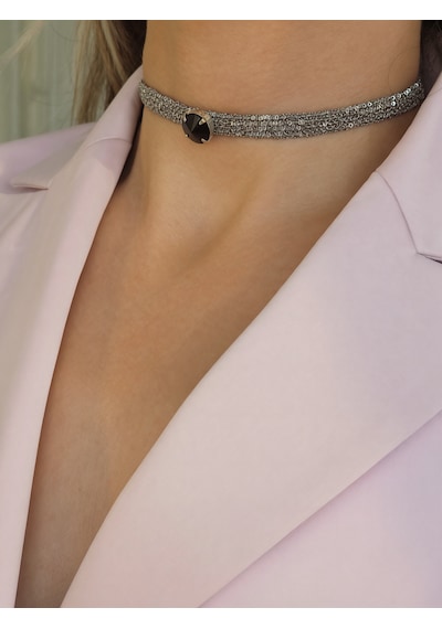 Kordon Zincir Örme Kristal Taşlı El Yapımı Choker Tasma Siyah Silver Renk Kolye