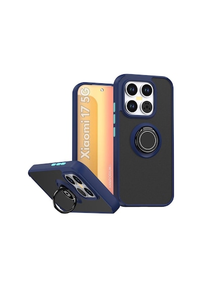 Xiaomi 17 Uyumlu Kılıf Yüzüklü Standlı Extra Darbe Koruma Sert Silikon Kapak - Lacivert Lacivert
