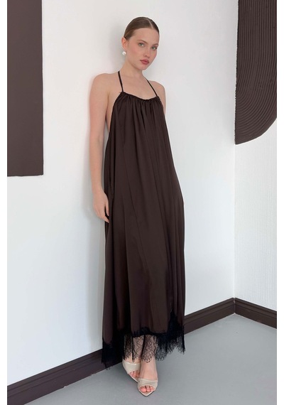 Verymoda Dantel Detaylı Saten Elbise D3022 Kahve