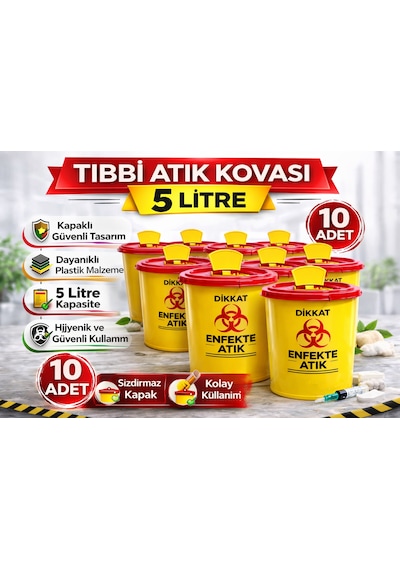 Tıbbi Atık Kovası 5 Litre 10 Adet Kapaklı Tıbbi Atık Kutusu Enfekte Atık Kovası