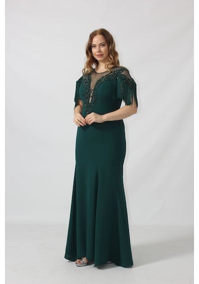 Moda Berray 80099 İşlemeli Püsküllü Büyük Beden Uzun Abiye Siyah