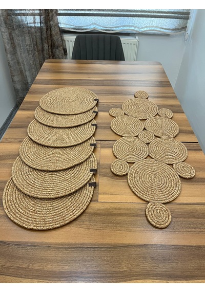 Senza Atelier Balon Model Jüt Runner Takımı - 6 Kişilik Supla Ve Geometrik Tasarım Hasır Masa Seti -
